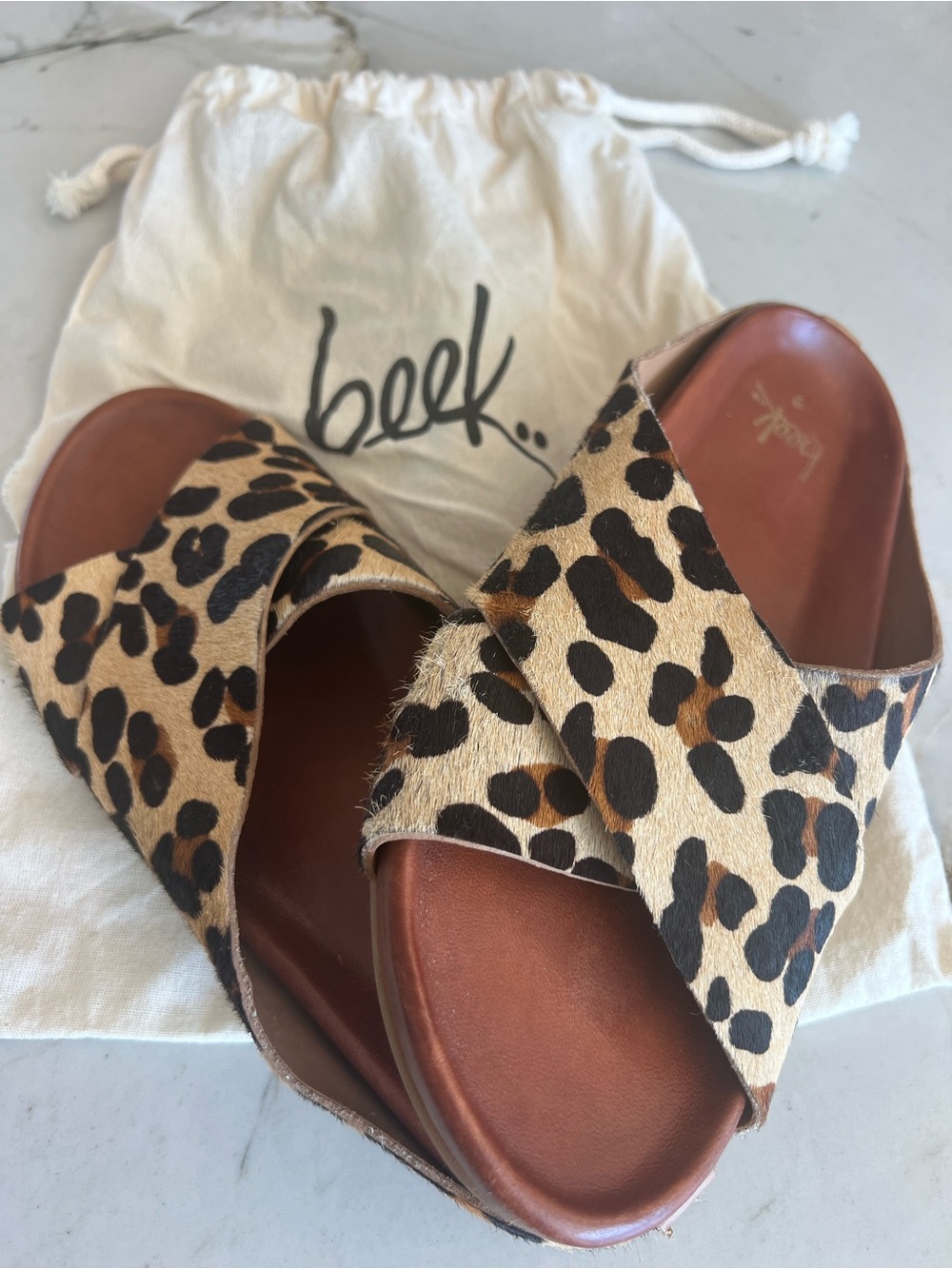 Beek Robin Genuine Calf Hair Leather Leopard crossover Sandals
